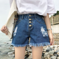 Celana Pendek Denim แฟชั่นเอวสูงมีรูโชว์เสี้ยนบางและหลวม