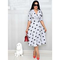 Wholesale Customize Large Lapel Womens Clothing Polka Dot Elegant Tie Waist A-line Belted Office Dress Plus Size Woman Dress