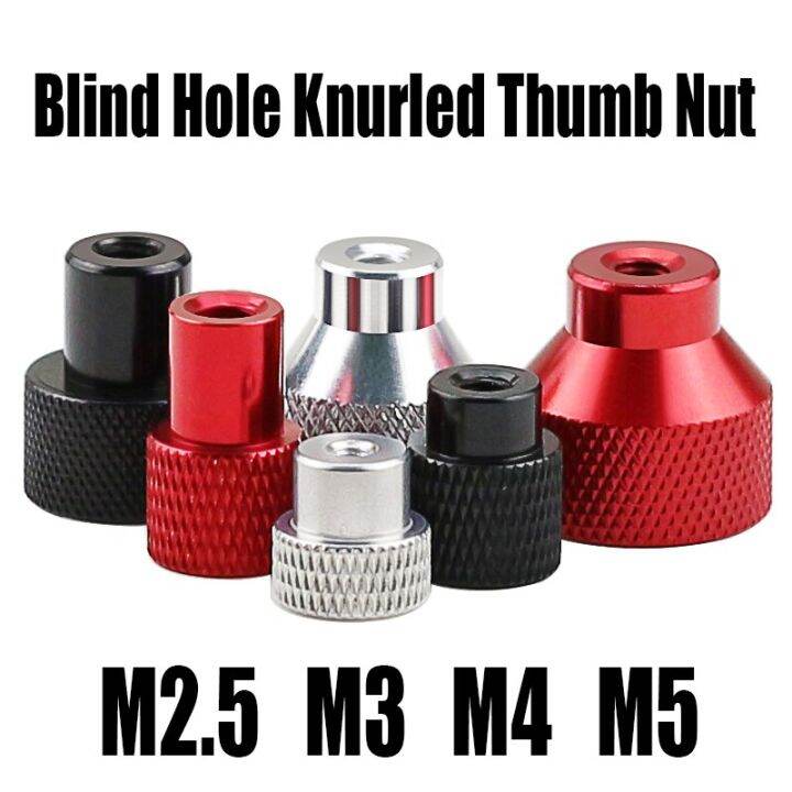 1pcs-m2-5-m3-m4-m5-blind-hole-knurled-thumb-nut-aluminum-step-hand-tighten-nut-with-collar-thumb-nut-silver-black-red-nails-screws-fasteners