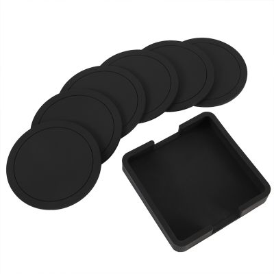 7pcs Non-slip Silicone Drinking Coaster Set Holder Cup Coaster Mat Set Black Round Silicone Mat Home Office Table Decor Cup Pad