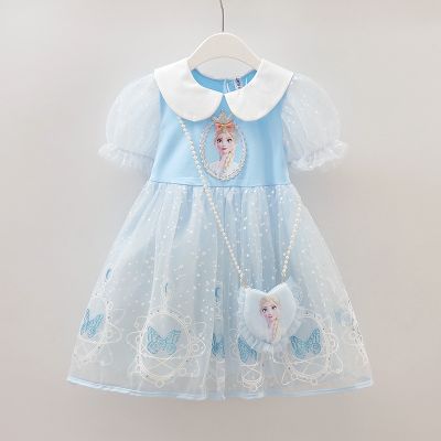 Disney Girls Elsa Princess Dress 2022 New Summer Kids Foreign Style Mesh Baby Short-sleeved Dress Girl Cute Toddler Clothing