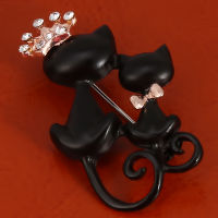 Honnyzia Shop Gold new mysterious and elegant Black Cat Brooch show loving black double Cat Brooch sweater accessories