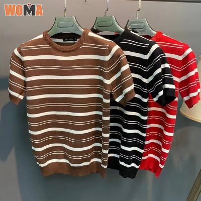 WOMA เสื้อเชิ้ตใส่สบายถักแขนสั้นผู้ชาย,แขนสั้นลายลำลองฤดูร้อน