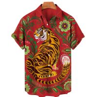 2022 Short Sleeve Hawaiian Shirt Men Color Tiger Print Chinese Cardigan Plus Size Summer Clothing