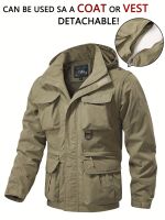 xixibeauty Detachable Windbreaker Hooded Jacket, Mens Casual Waterproof Multi Pocket Cargo Jacket Vest For Outdoor Activities