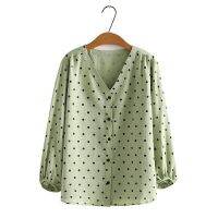 HOT”【มีไซส์ใหญ่】Plus Size Womens V-neck 910 Sleeve Polka Dot Printed Blouses Ladies Office-wear Button Up Autumn New Tops