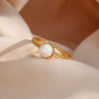 【YF】 High Grade Ladies Elegant Jewelry Gift Stainless Steel 18K Gold Plated Quality Braid Texture Round Pearl Ring For Woman