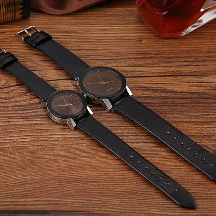 rebrol-นาฬิกาข้อมือคู่รัก-นาฬิกาควอทซ์สายหนังแบบเรียบง่ายหน้าปัดนาฬิกาข้อมือด้วยพลอยเทียม