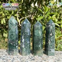 Natural Crystals Moss Agate Wands Healing Chakra Stones 6 Faceted Prism Aquatic Agate Single Point Tower Home Decor