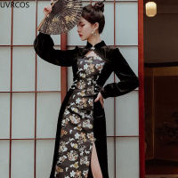 【CW】Chinese Style Black Velvet Cheongsam Dress Women Elegant Print Qipao Party Dresses Female Chic Metal Waist Chain Slim Vestidos