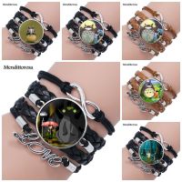 Mendittorosa My Neighbor Totoro Cartoon Glass Cabochon Jewelry Multilayer Black/Brown Leather Bracelet Bangle For Unisex Gift