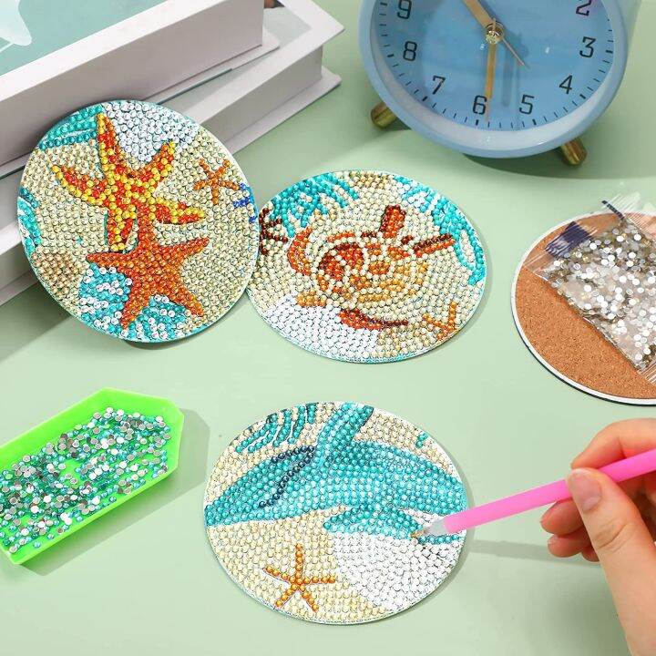 gatyztory-6pcs-diamond-painting-coasters-with-holder-diy-crafts-sea-creatures-artwork-for-kids-adults-beginners-handmade-gift