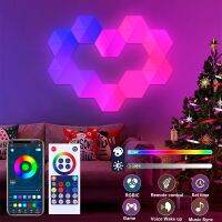 J31ไฟ LED บลูทูธอัจฉริยะติดผนังไฟหกเหลี่ยม RGB แอป/ รีโมดูลาร์รูปทรงเรขาคณิตเชื่อมต่อเพลงซิงค์ไฟกลางคืนตกแต่งห้องนั่งเล่นเกม