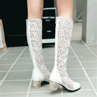 Size 34-46 New Fashion Women Knee High Boots Square heel Zipper Sexy Lace Mesh Boots Summer Cool Boots Breathable Womens Shoes