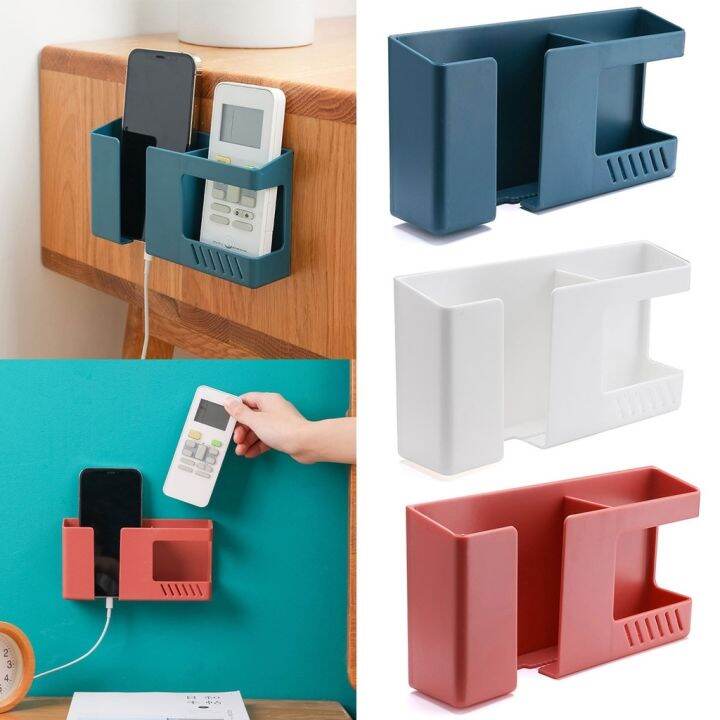 double-layer-wall-mounted-organizer-box-punch-free-tv-remote-control-storage-phone-plug-wall-holder-charging-multifunction-hooks