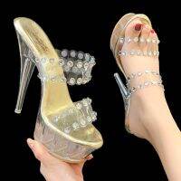 HOT★2023 New Fashion Sexy PVC Crystal Slippers for Women Peep Toe Women High Heels Sandals Slip on Party Wedding Elegant Slippers