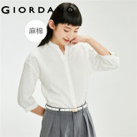 Giordano ผู้หญิงจอร์แดนเสื้อผ้าฝ้ายลินิน V คอเสื้อผู้หญิง Off-Shoulder แขนปุ่มด้านหน้า Lady เสื้อ13341027