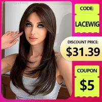 LOUIS FERRE Long Brown Layered 13x1 Lace Front Synthetic Wig Dark Brown Straight Lace Wigs Natural Hairline Daily Soft Fake Hair [ Hot sell ] ea1voy