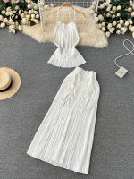 SINGREINY Pleated Women Summer Sets Solid 2022 Vacation Bow Elastic Waist Ladies Beach Long Skirt Temperament Two Piece Sets