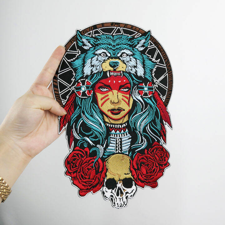 queen-of-the-forest-skull-embroidery-patches-17-27cm-big-back-iron-on-patch-appliques-rose-and-wolf-mc-bikers-jackets-vests