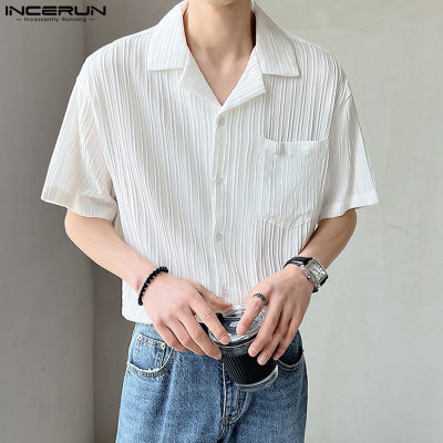 INCERUN เสื้อคอวีมีปกเสื้อลำลองติดกระดุมสำหรับผู้ชายเสื้อยืดคาร์โก้มีกระเป๋าเสื้อ (สไตล์เกาหลี)