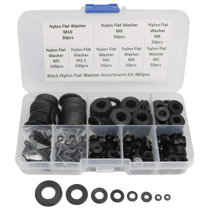 480-pcs-nylon-flat-round-washers-gaskets-spacers-assortment-set-for-m2-m2-5-m3-m4-m5-m6-m8-m10-screw-bolt-black