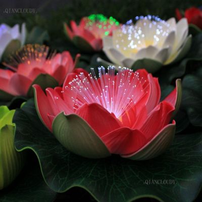 [AYIQ Flower Shop] ประดิษฐ์ Led ใยแก้วนำแสงลอยปลอมโลตัสแสงใบดอกไม้หัวลิลลี่สีงานแต่งงานไฟกลางคืนตกแต่ง D54