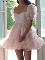 ◐✸ n4rn Princesa rosa organza vestido de baile madeira orelhas ruff manga irregular babados hem retro feminino ruched balanço curto bolo fadas robe