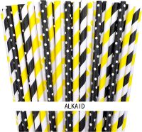 Bee Lemon Theme Striped Polka Dot Paper Straws 20cm  25 Pack Black Yellow White Foil Gold Birthday Party Supplies Baby Shower