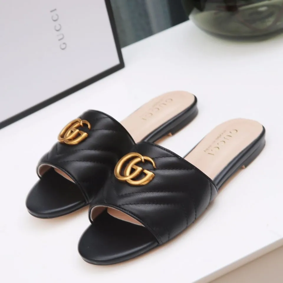 high quality】original gucci2022 summer new women's slippers leather slippers  flat bottom drill buckle loafers Europe