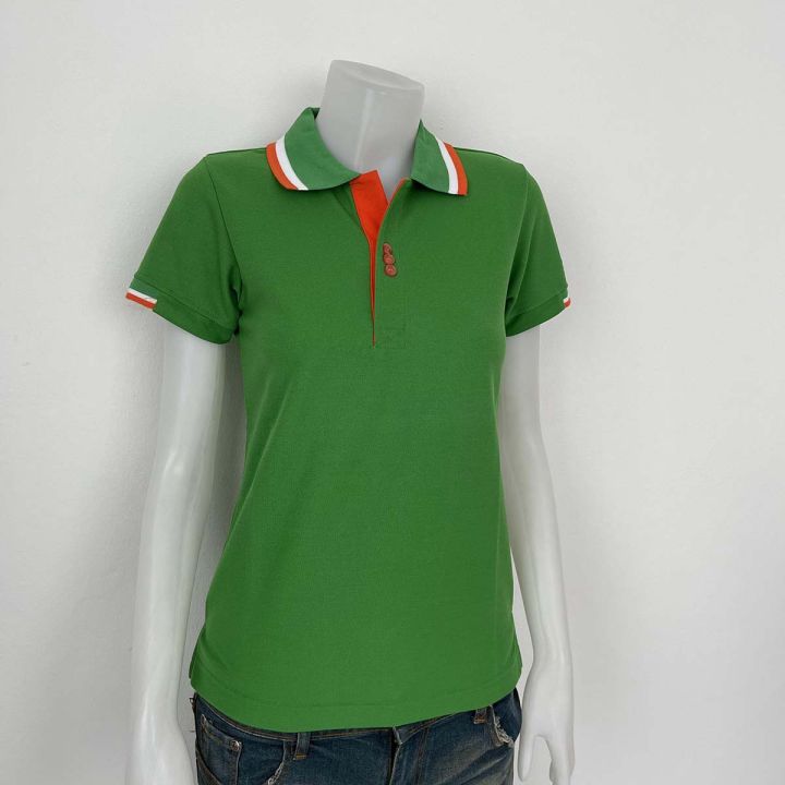 เสื้อโปโล-สีเขียวเข้ม-ปกขลีปขาว-ส้ม-เนื้อผ้านุ่ม-สวมใส่สบายมีทั้งแบบชาย-และแบบหญิง