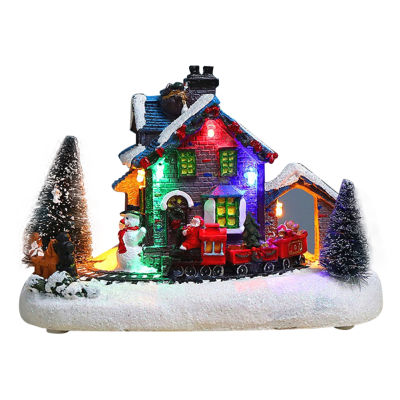 Christmas Snow House Figurines with LED Light Miniature Statue Home Office Desktop Decoration Holiday Party Supplies Xmas Gifts