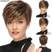 JOY amp;BEAUTY Synthetic Short Straight Wig for Women Wigs With Bangs Natural Mixed Brown Wig Daily Use Heat Resistant Fiber