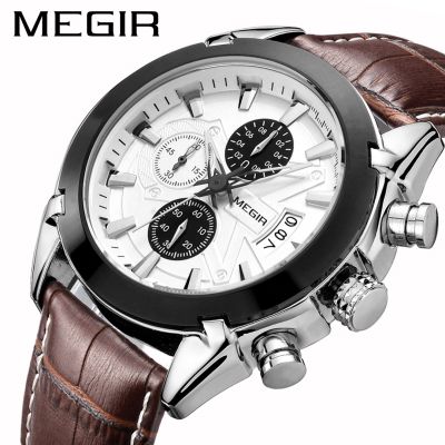 （A Decent035）MEGIR ChronographSport ชายนาฬิกา LeatherArmy นาฬิกาข้อมือ Relógio Masculino 2020