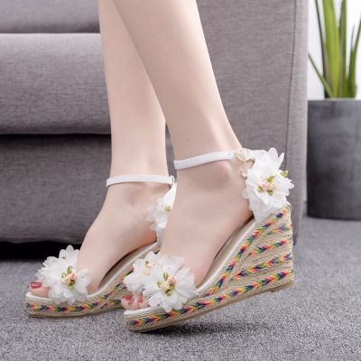 9 cm flower fish mouth wedges big yards sandals waterproof sandals new Roman sandals white sandals