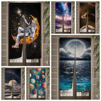 【HOT】♠ Night Astronaut Door Curtain Bedroom Doorway Curtains Entrance Hanging Half-Curtain