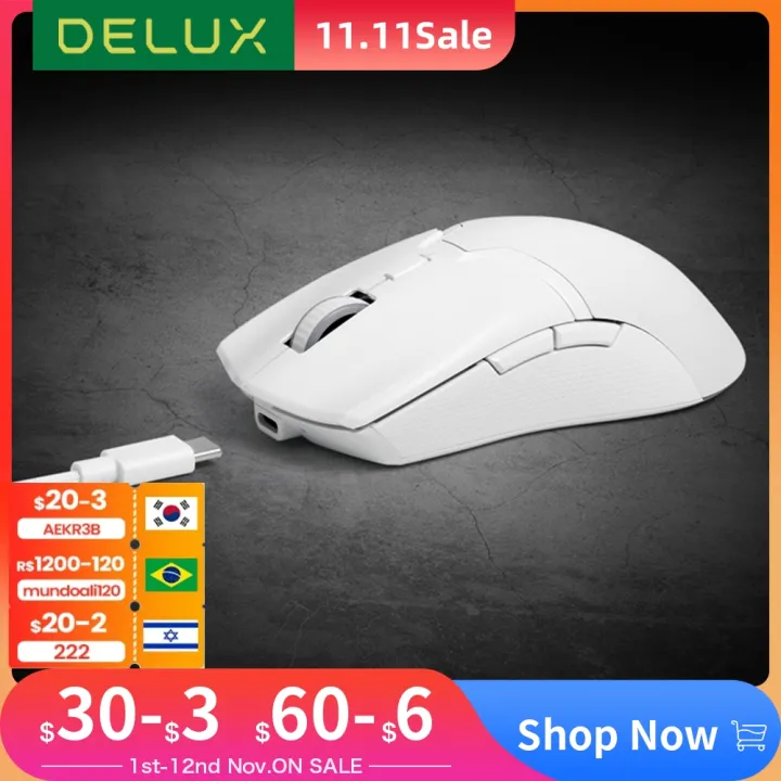 Delux M800 Pro Paw3370 White Wireless Gaming Mouse Wired Programmable Ergonomic Mice Type C 9388