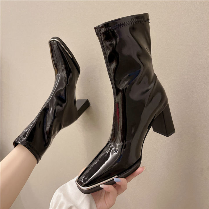 ryz839-kendall-jenner-สิทธิบัตรหนังรองเท้าส้นสูงหญิง2021ฤดูใบไม้ร่วงใหม่โลหะสแควร์-toe-กลางรองเท้าส้นหนา-slimming-knight
