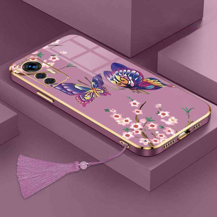 เคสสำหรับ-xiaomi-12-lite-หรูหราผีเสื้อที่สวยงามพร้อมกล้องดอกไม้เคสโทรศัพท์ขอบซิลิโคนอ่อนนุ่มฟรีสายคล้องชุบ