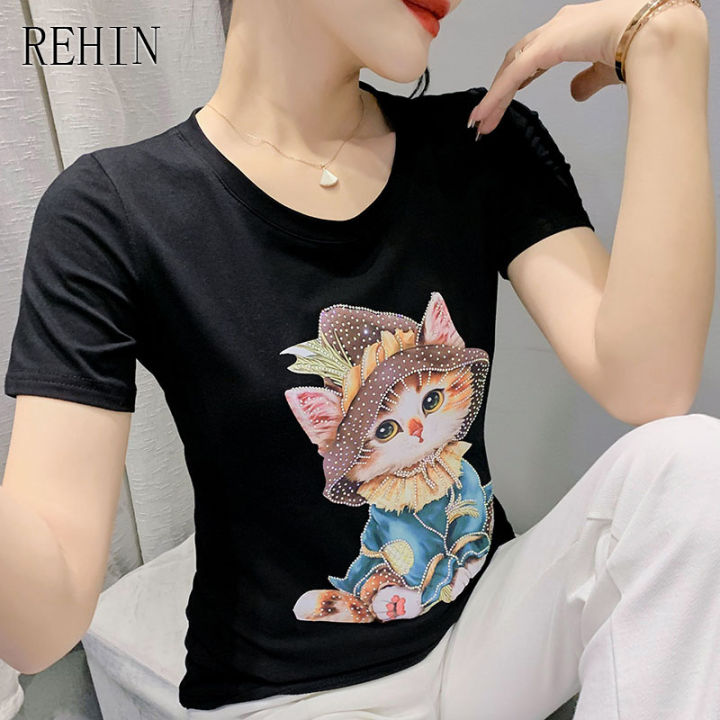 rehin-women-s-top-heavy-duty-diamond-stamping-cartoon-cat-printing-short-sleeved-t-shirt-slim-fit-niche-elegant-blouse