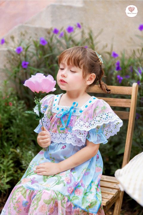 girls-magic-love-dress-สีฟ้าพิมพ์ลายดอกไม้-เเขนตุ๊กตา-คอเหลี่ยม-เดรสยาวเด็กผู้หญิง