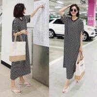[COD] New loose black and white stripes super long size lazy short-sleeved pregnant women Xia Han