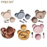 TYRY.HU 4Pcs Baby Silicone Dishes Dining Bowls Cartoon Panda Shaped Tableware Baby Feeding Plates Bowl Fork Spoon BPA For Baby Bowl Fork Spoon Sets