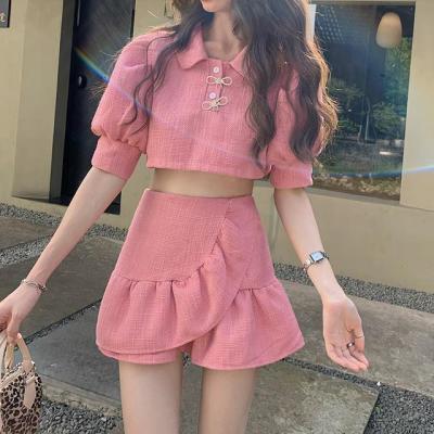 Korean Pink Two-piece Se Women Elegant Suits New Summer Lapel Crop Tops Ruffles Short Skirts Outfits Fashion Suits