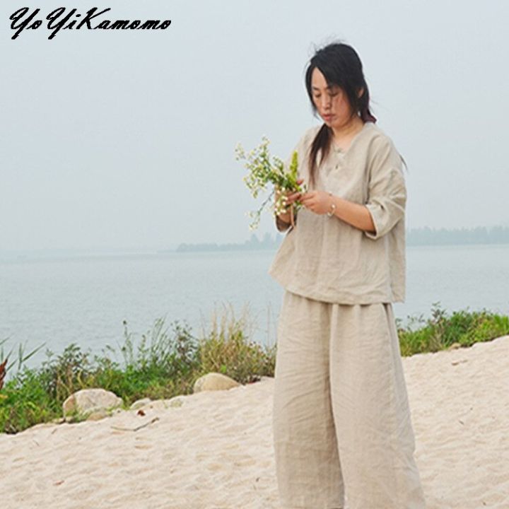 yoyikamomo-เสื้อผู้หญิงฝ้ายลินินชุดเดรสแขนสามส่วนสไตล์วินเทจ2019ฤดูใบไม้ร่วงเสื้อผู้หญิงหลวมสีทึบ