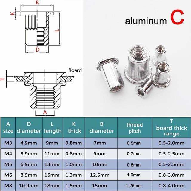 10-20pcs-m3-m4-m5-m6-m8-304-stainless-steel-carbon-steel-aluminum-flat-head-blind-rivet-nut-insert-rivnut-nutsert-for-screw-bolt