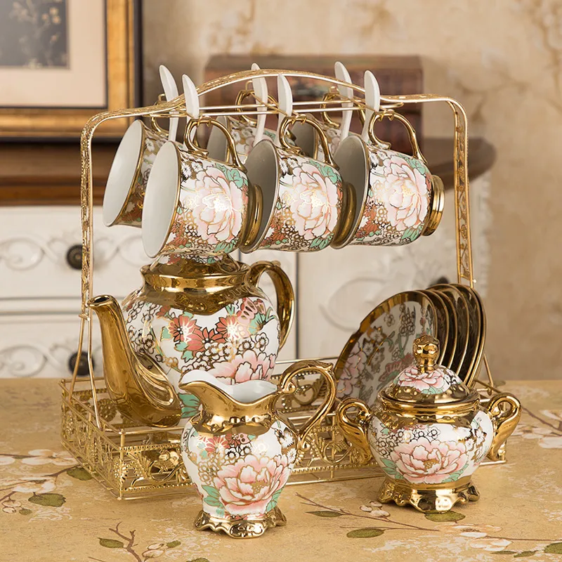 Arabic Ceramic Golden Tea Set with Teapot Milk Pot Sugar Jars