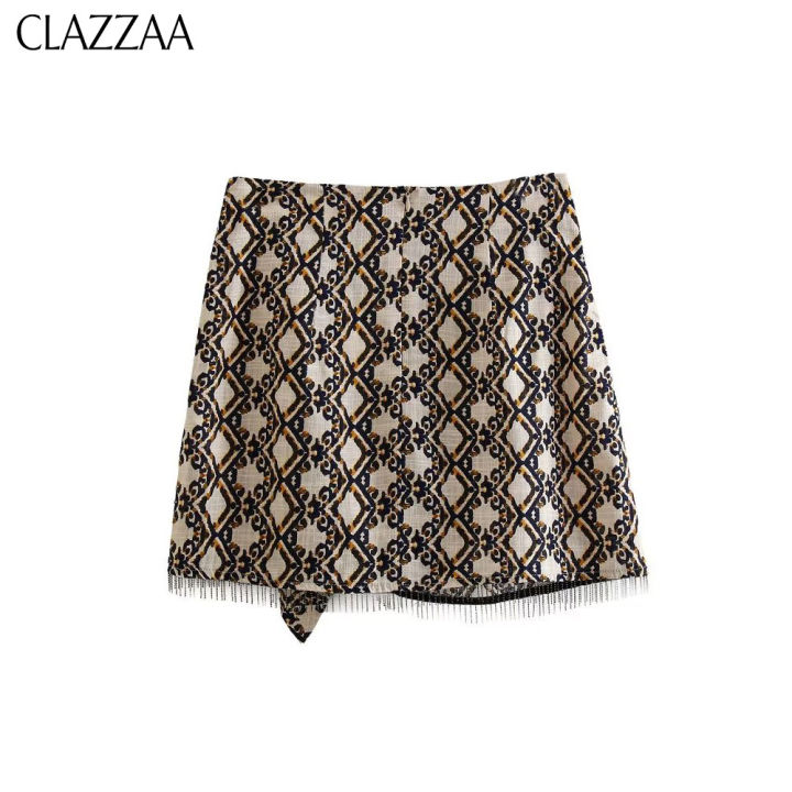 clazzaa-women-fashion-printed-a-line-mini-salon-skirt-high-waist-with-bowknot-and-beading-hem-ornament-female-chic-lady-casual-vintage-short-skirt