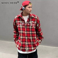 MAYCHEER   แจ็กเก็ตเสื้อเชิ้ตที่เหมาะกับการแต่งตัวทุกสไตล์ญี่ปุ่นสำหรับผู้ชาย,เสื้อแจ็คเก็ตลำลองทรงหลวมแขนยาวเสื้อเชิ้ตลายสก๊อตขี้เกียจ