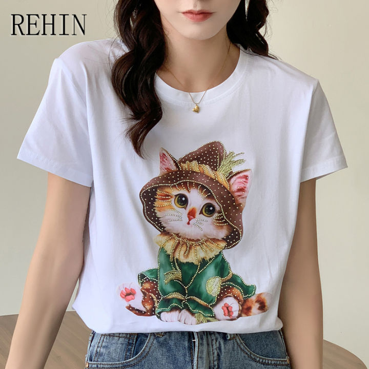 rehin-เสื้อยืดคอกลมผู้หญิง-เสื้อยืดแขนลำลองขาสั้นทรงหลวมเพชรใส่ได้หลายโอกาสแฟชั่นสไตล์เกาหลีแบบใหม่ฤดูร้อน